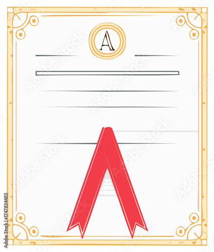 Blank Certificate Award Template with Letter A, Gold Frame, Red Ribbon. Printable diploma placeholder for recognition or achievement.
