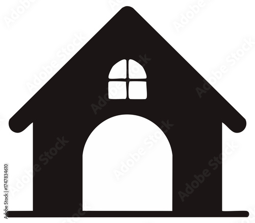 Simple house icon with pointed roof arched entryway and small window graphic design element