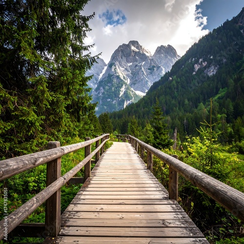 Wooden bridge in a forested landscape leading to majestic mountain range
