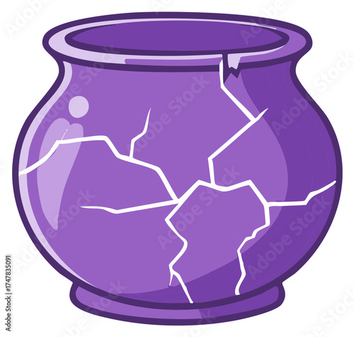 Broken purple vase with intricate cracks and a smooth glossy surface