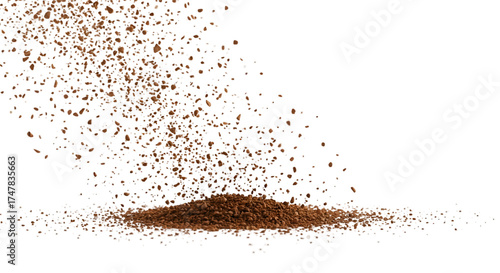 Realistic 3D brown powder falling and scattering isolated on black