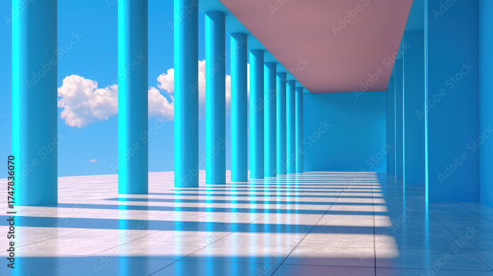 Fototapeta premium Vibrant minimalist design featuring blue columns and pink ceiling under bright sky with clouds, creating serene atmosphere