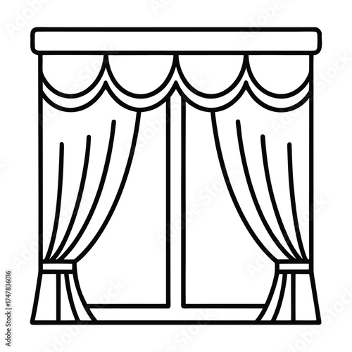 Black and white line art illustration of a window with curtains and a valance.
