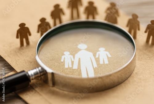 Magnifying glass focusing on paper cutout figures symbolizing family and social connection concept