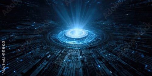 A cinematic wide shot of a glowing AI core chip