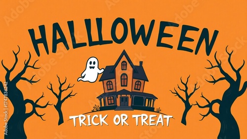 Spooky halloween haunted house and ghost with trick or treat message