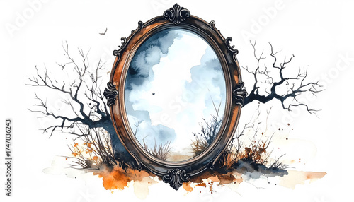 Watercolor painting of a haunted mirror with ghostly reflection inside, Gothic halloween