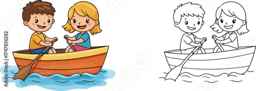 Cartoon Lifestyle Icons Featuring Kids Rowing Boat, Joyful Mood, Water Theme, and Dual-Style Sketch and Color Scene
