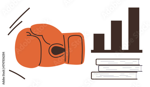 Orange boxing glove hits rising bar chart with stack of books below. Ideal for competition, growth, education, achievement, persistence, strategy, innovation. Bold simple flat metaphor