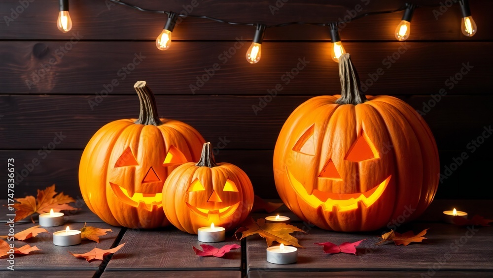 Fototapeta premium Three carved halloween pumpkins glowing with candles and string lights