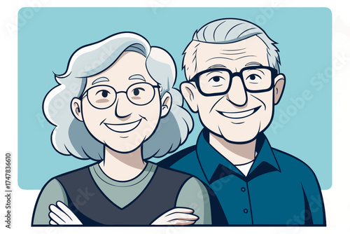 Vector illustration of elderly man and woman smiling joyfully with crossed arms, symbolizing happiness, love, companionship, and the warmth of grandparent life together