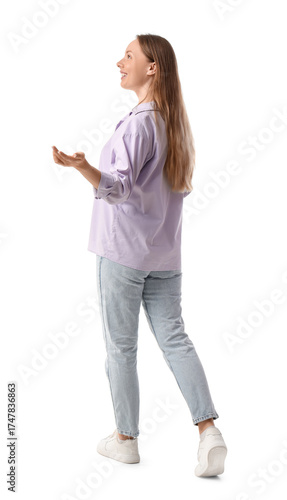 Dreamy young woman on white...