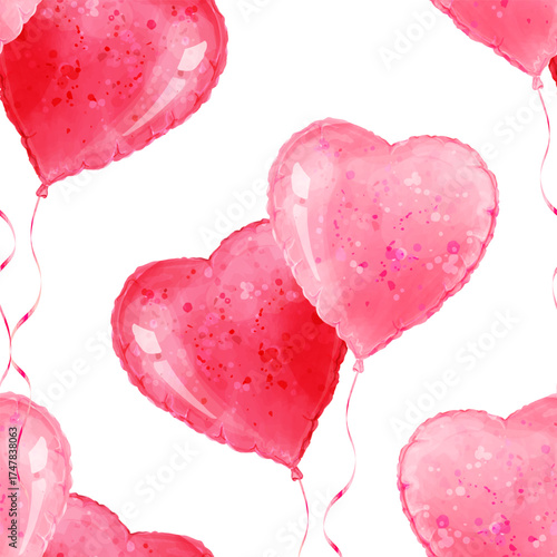 Seamless pattern with pink heart-shaped balloons. Vector watercolor background for romantic greeting cards, weddings, birthdays, and packaging.