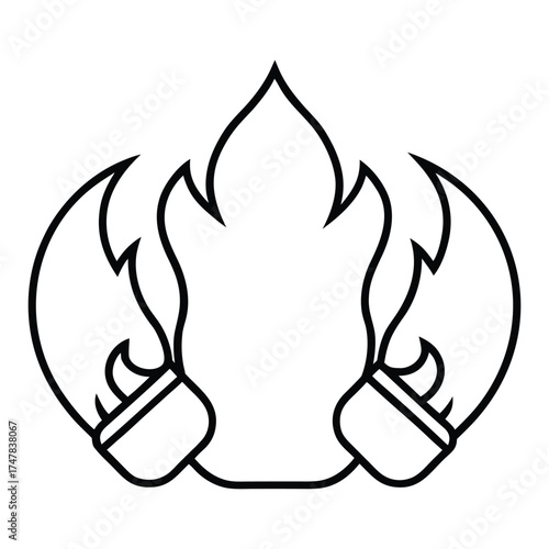A stylized black and white outline drawing of a roaring fire with two distinct flames on the sides.