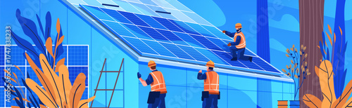 Solar panel installation renewable energy workers mounting rooftop photovoltaic cells building construction blue orange plants modern cityscape