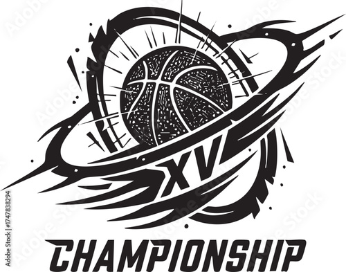 Aggressive Championship Basketball Logo Emblem with Dynamic Ring and Textured Ball