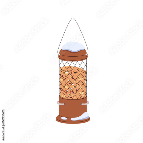 Bird feeder filled with seeds, grains. Hanging cylindrical tube box, birdfeeder, station, cylinder full of food, kernels, nutrition for feeding. Flat vector illustration isolated on white background