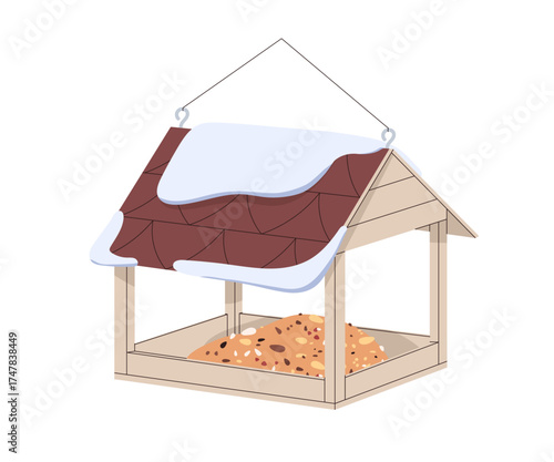 Bird feeder, wooden box with roof. Birdfeeder house with tray, platform, eating station with seeds, grains, crumbs, kernels for winter feeding. Flat vector illustration isolated on white background
