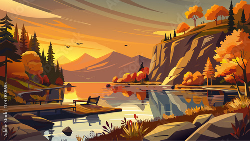 Very beautiful Table Rock State Park landscape at dusk in autumn, South Carolina, USA, vector-style illustration highlighting warm golden tones, calm lake reflections, and the serene beauty of nature.