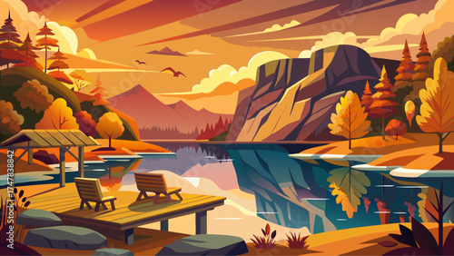 Very beautiful Table Rock State Park landscape at dusk in autumn, South Carolina, USA, vector-style illustration highlighting warm golden tones, calm lake reflections, and the serene beauty of nature.