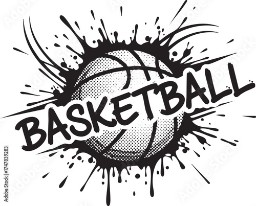 Grunge Basketball Ball Logo with Ink Splash and Halftone Texture
