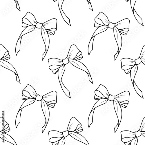 Black and white simple outline background with ribbon bows. Seamless pattern for textiles, packaging, paper