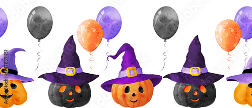 Seamless border with Jack's Lantern and balloons . Сute vector watercolor background with illustrations for the design of cards, posters for Halloween day,  paper, wrapping, packaging, wallpaper