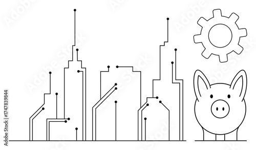 Stylized city skyline with circuit integration, piggy bank, and gear symbolizing finance, innovation, and progress. Ideal for urban economy, technology, savings, investment smart city industry