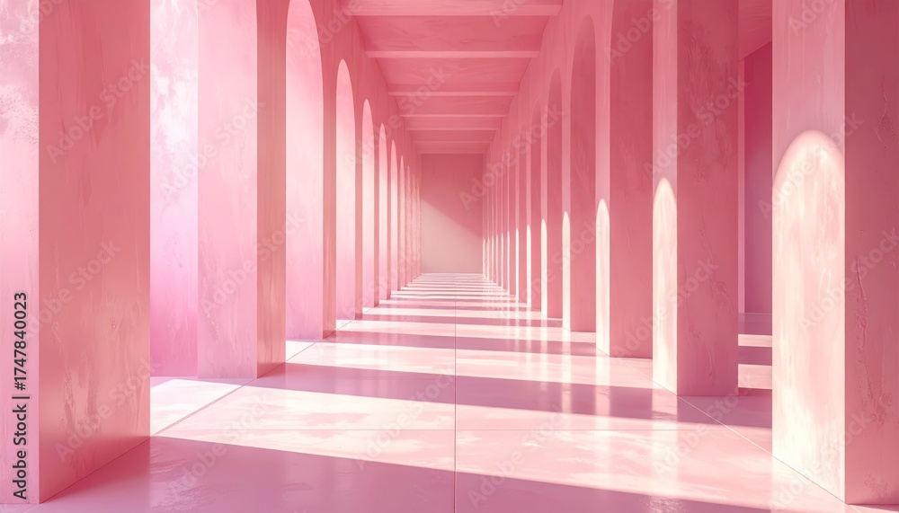 Fototapeta premium Long view of an empty corridor with pink walls.