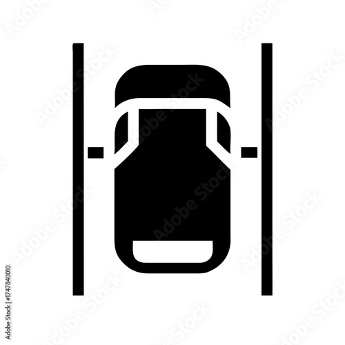 Overhead view of a black car in a parking spot, isolated on white