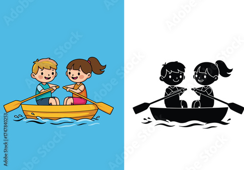 Cartoon Lifestyle Icons Featuring Kids Rowing Boat, Joyful Mood, Water Theme, and Color-to-Silhouette Contrast Scene