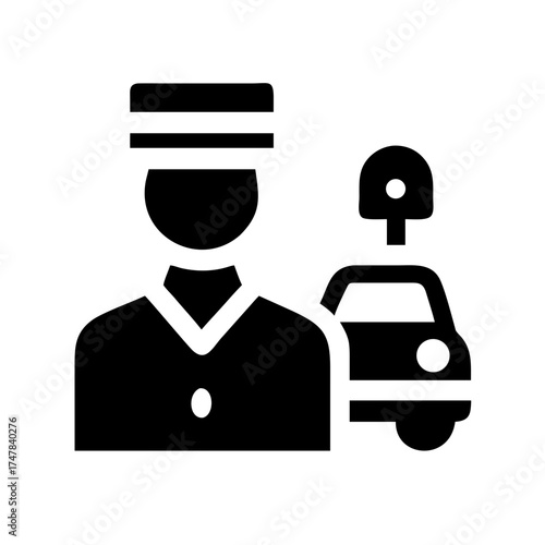 Valet parking attendant with car and key symbol