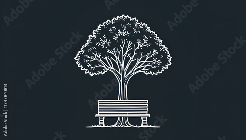 A tree with a bench below it, isolated on a dark background