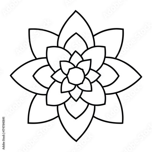Black and white line art of a symmetrical flower with multiple layers of petals.