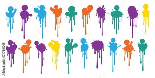 Vibrant abstract paint splatters and drips forming colorful human silhouette shapes on a white background