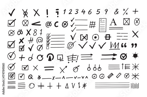 Collection of hand drawn checkmarks ticks crosses circles symbols numbers and punctuation marks isolated on white background