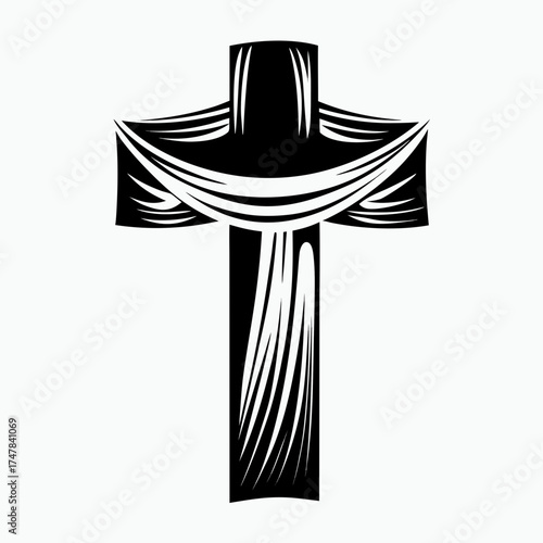Decorative cross with draped cloth in black and white design  for Easter celebration isolated on a white background