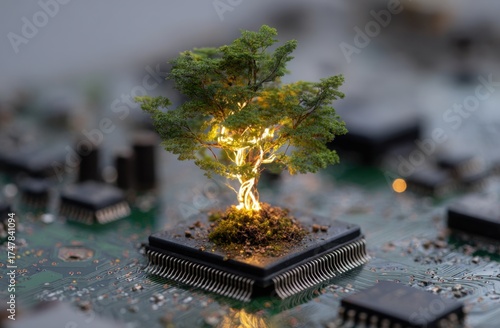 Miniature illuminated tree growing on a microchip symbolizing technology and nature