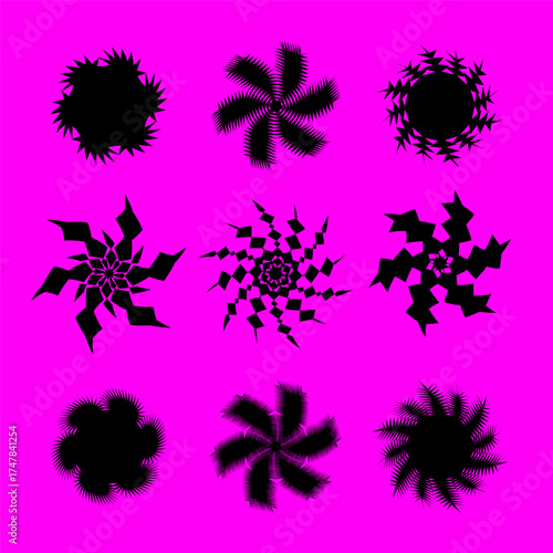 Graphic shapes with black abstract forms on pink background