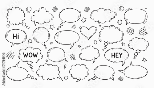 Collection of hand drawn doodle speech bubbles and thought clouds with words like hi wow hey for communication and ideas