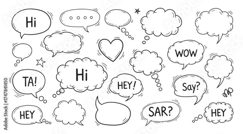 Collection of hand drawn speech bubbles and thought bubbles with various words and symbols for communication and ideas