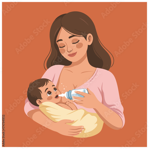 Vector illustration of a young mother gently feeding her newborn baby