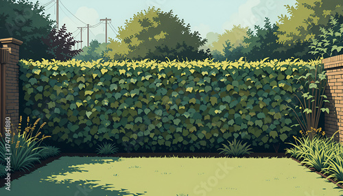 Illustration of a tall green hedge in a garden on a sunny day