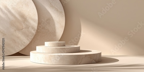 Minimalist beige marble geometric shapes arranged in a modern artistic composition with soft shadows