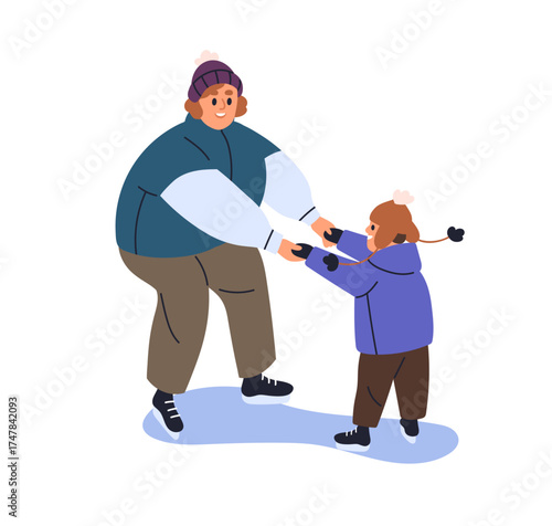 Mother teaching kid skating on ice rink. Happy family, mom and child during winter holiday leisure activity. Woman holding and supporting son. Flat vector illustration isolated on white background