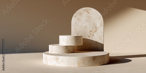 Minimalist beige marble podium with three ascending circular steps and arched backdrop in sunlight