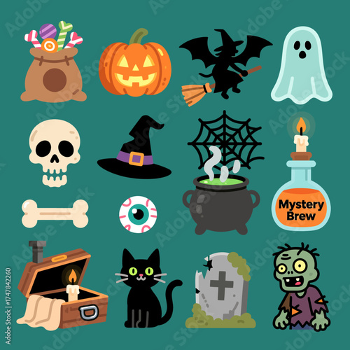 Delightful Halloween icons featuring pumpkin, witch, ghost, skull, and zombie, perfect for adding spooky fun to your creative projects this season
