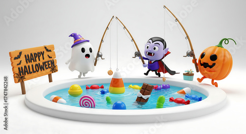 Cute Halloween characters including a ghost, vampire, and pumpkin fishing for candy in a small pool.