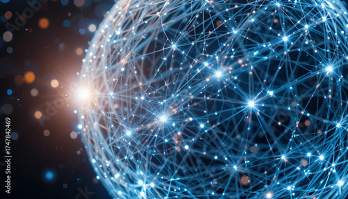 Abstract network sphere with glowing connections and light source on the left