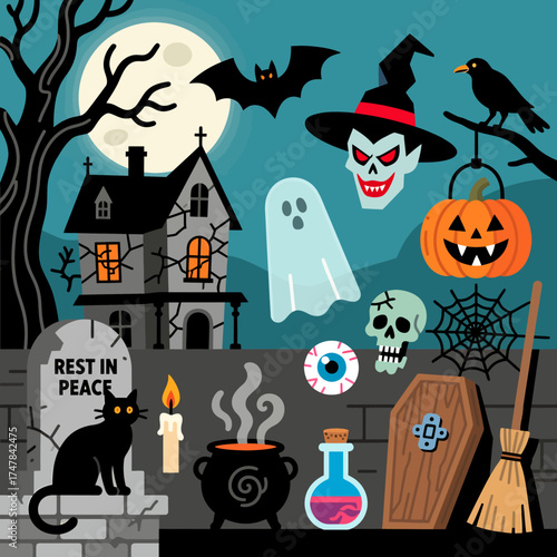 Create a bewitching Halloween vibe with this spooky scene featuring a haunted house, ghost, pumpkin, and other frightful icons for seasonal designs
